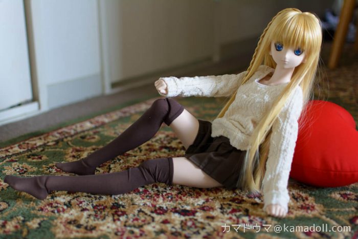 絨毯の上でドルフィードリームDDH-06子が片膝上げ座りをしている様子を横から写した写真